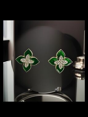Green Enamel Floral Crystal Stud Earrings